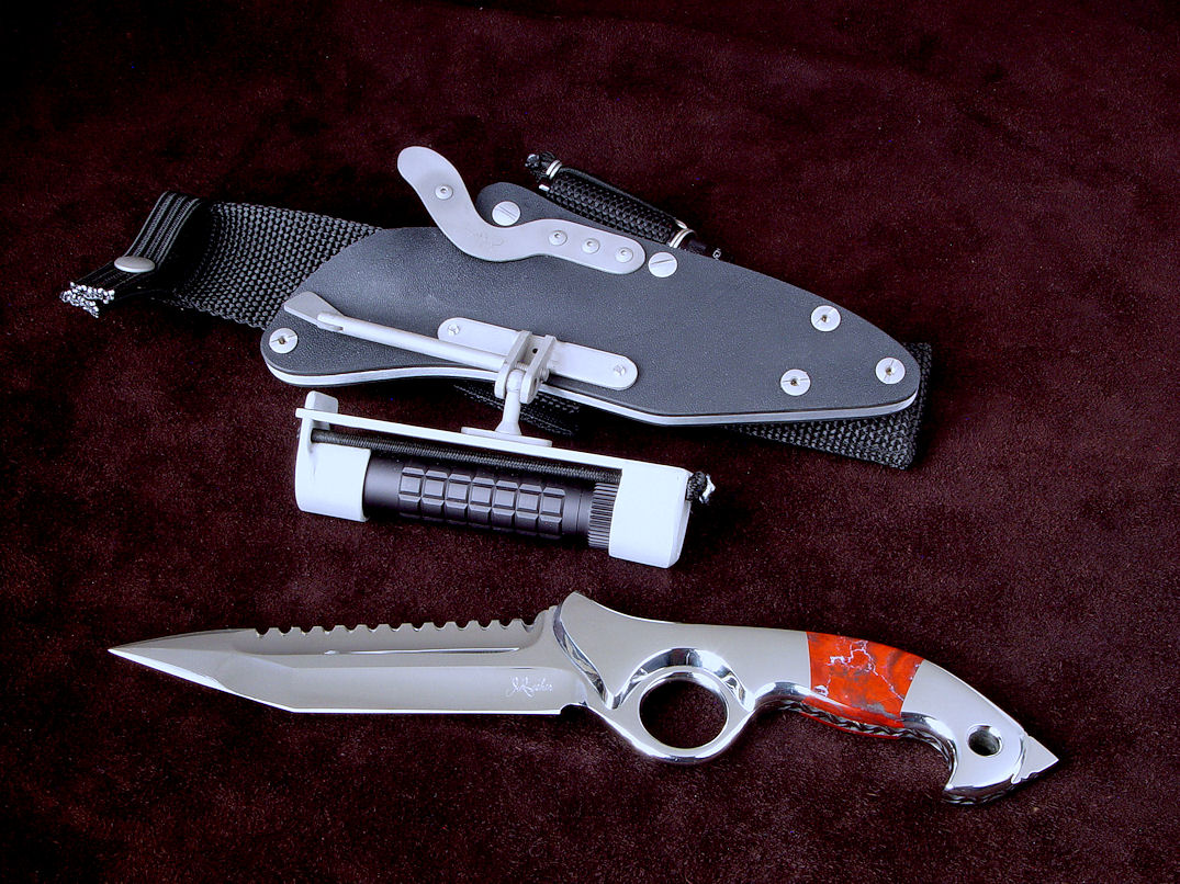 "Ari B'Lilah" Tactical Combat Counterterrorism commemorative Knife, obverse side view in CPM154CM high Molybdenum Powder metal technology stainless steel blade, 304 stainless steel  bolsters, Sardius (Jasper) gemstone handle, tension-locking sheath of kydex, aluminum, stainless steel, 6AL4V titanium, ultimate belt loop extender