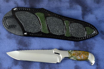 "Axia EL" fine handmade knife obverse side view  in T3 deep cryogenically treated CPM 154CM high mollybdenum powder metal technology martensitic stainless steel blade, 304 stainless steel bolsters, Linda Marie Moss Agate gemstone handle, hand-carved leather shoulder inlaid with green, black ray skin