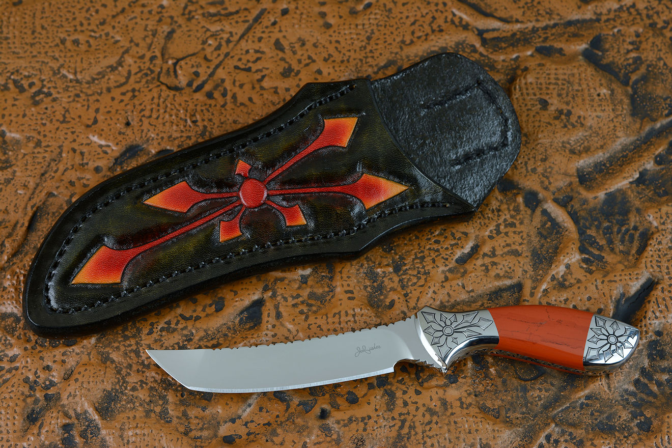 "Azuma" fine custom knife obverse side view in 440C high chromium stainless steel blade, hand-engraved 304 stainless steel bolsters, Red River Jasper gemstone handle, hand-carved, hand-dyed leather sheath