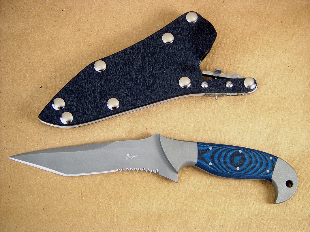 "Mercury Magnum" obverse side view: 440c high chromium stainless steel blade, 304 stainless steel bolsters, blue/black G10 fiberglass epoxy laminate handle, locking kydex, aluminum, stainless steel combat tactical knife sheath