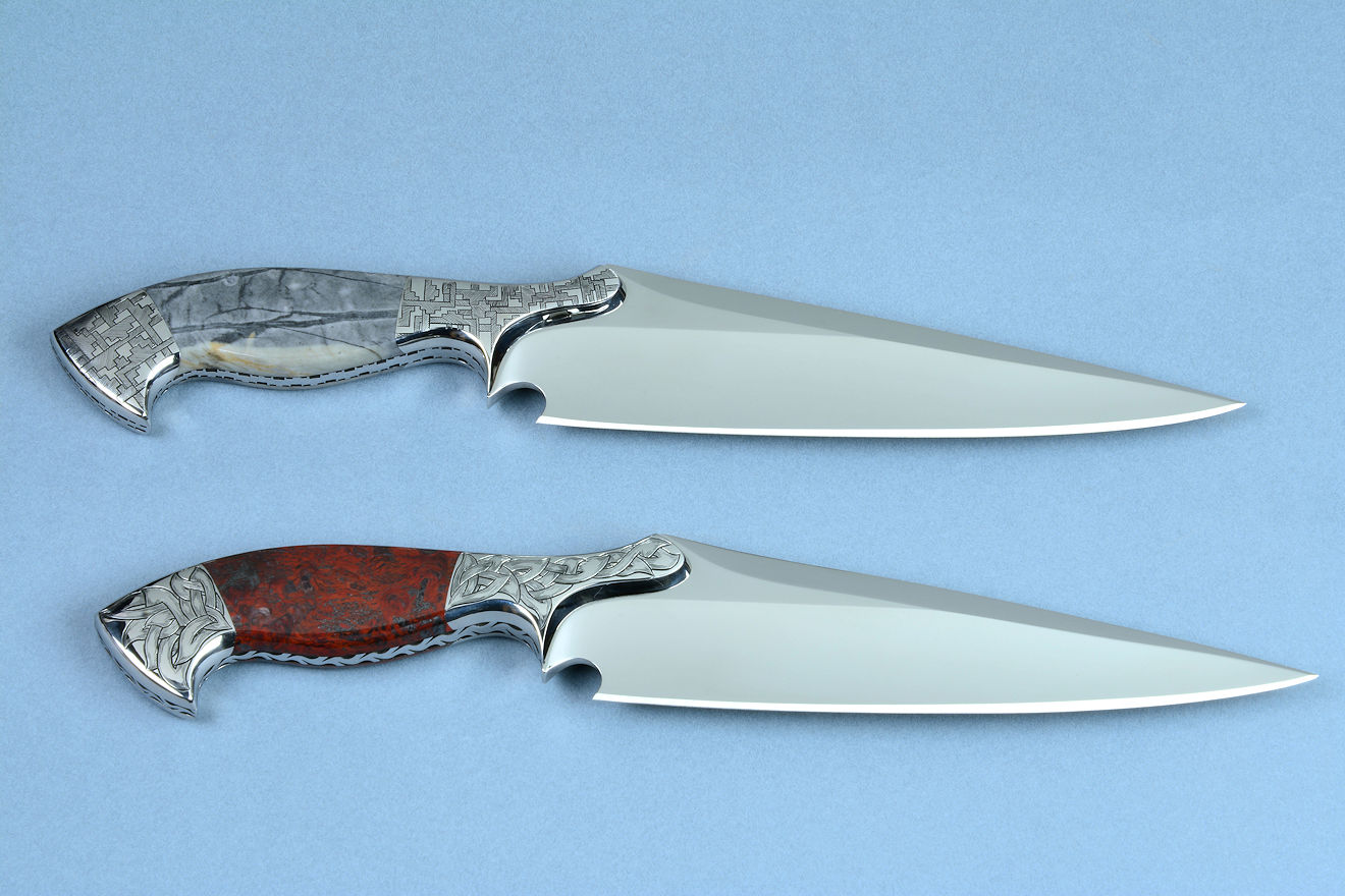 "Mesabi" and "Toroweap" custom knife sculpture in 440C high chromium martensitic stainless steel blades, hand-engraved 304 stainless steel bolsters, Picasso Marble gemstone and Fossil Stromatolite gemstone handles, stands in cast bronze and ziricote hardwood, brass