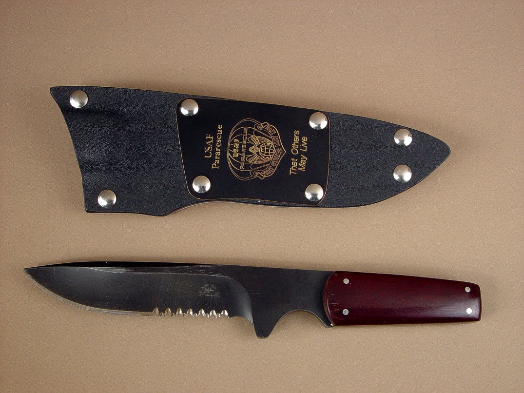 USAF Pararescue "Paraeagle" obverse side view in hot blued O1 high carbon tungsten-vanadium tool steel blade, maroon Micarta phenolic handle, nickel silver pins, tension sheath in kydex, aluminum, nickel plated steel