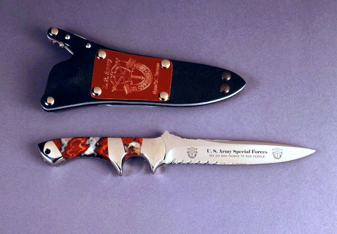 "Patriot" in etched 440C high chromium stainless steel blade, 304 stainless steel bolsters, Cherry Blossom Jasper gemstone handle, locking kydex, aluminum, stainless steel sheath with engraved red lacquered brass flashplate