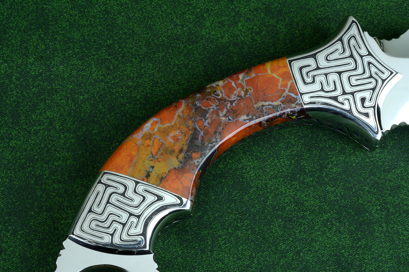 "Titans" matched karambits in 440C high chromium stainles steel blades, T3 advanced cryogenic treatment, mirror polished, hollow ground, hand-engraved 304 stainless steel bolsters, Stone Canyon Jasper gemstone handles, sheaths of black rayskin inlaid in hand-carved leather shoulder