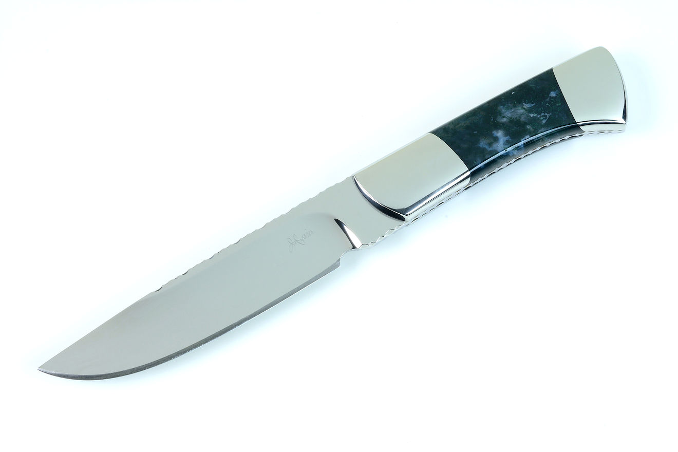 "Zeta" fine handmade custom knife in T3 cryogenically treated ATS-34 high molybdenum stainless steel blade, 304 stainless steel bolsters, Indian Green Moss Agate gemstone handle, hand-carved leather sheath inlaid with green rayskin