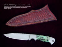 "Altair" obverse side view in CPMS30V high vanadium stainless steel blade, 304 stainless steel bolsters, green zebra jasper gemstone handle, brown basketweave leather sheath