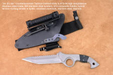 "Ari B'Lilah" counterterrorism, combat knife, obverse side view in ATS-34 high molybdenum stainless steel blade, 304 stainless steel bolsters, G10 fiberglass/epoxy composite handle, hybrid tension-locking sheath in kydex, anodized aluminum, stainless steel, HULA, UBLX in polypropylene, polyester