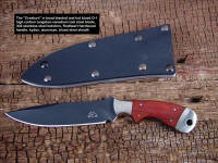 "The Creature" EL tactical knife, obverse side view, O-1 tungsten vanadium alloy tool steel blade, nickel silver bolsters, redheart hardwood handle, kydex, aluminum, blued steel sheath