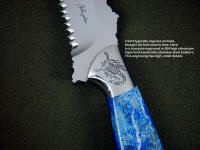 "PJLT" in etched 440C high chromium stainless steel blade, hand-engraved 304 stainless steel bolsters, Afghanistan Lapis lazuli gemstone handle, locking kydex, aluminum, stianless steel, nickel plated steel sheath