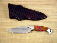 "Alegre" in 440C high chromium stainless steel blade, Nickel silver bolsters, Polvadera Jasper gemstone handle, hand-stamped basketweaved leather sheath