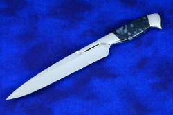 "Bordeaux" professional slicing knife, obverse side view in T3 deep cryogenically treated 440C high chromium stainless steel blade, 304 stainless steel bolsters, Night Leopard Agate gemstone handle