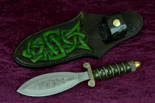 "Darach" (Celtic Oak), obverse side view in hand-engraved 440C high chromium stainless steel blade, hand-cast, hand-engraved bronze guard and pommel, nephrite jade gemstone  handle wrapped with sterling silver, hand-carved, hand-dyed leather sheath