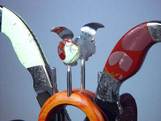 Izanagi, Izanami custom knife stand, top detail. Yin-yang cabochons are hand cut and formed mosaic in Noreena Jasper and Nickel Magnesite/Chrysoprase gem