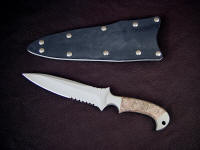 "Nemean" tactical combat knife, obverse side view: 440C high chromium stainless steel blade, 304 stainless steel bolsters, coarse canvas micarta phenolic handle, kydex, aluminum, nickel plated steel sheath