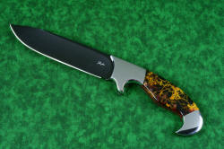 "Quetzal" (with reflector above), obverse side view, in deep cryogencially treated, hot blued O1 high carbon tungsten-vanadium tool steel blade, 304 stainless steel bolsters, Pilbara Picasso Jasper and Red River Jasper gemstone handle, hand-carved leather sheath inlaid with shark skin