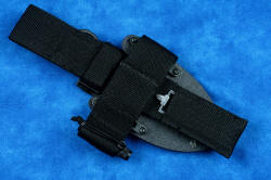 "Random Access III" professional tactical, combat, working, counterterrorism knife, UBLX mounted to sheath, back side view illustrating cross-strap, small flashlight sleeve, and diamond pad sharpener pocket