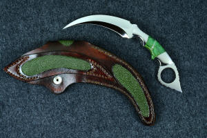 "Raptor" fine handmade custom karambit knife, reverse side view  in T3 deep cryogenically treated ATS-34 high molybdenum martensitic stainless steel blade, 304 stainless steel bolsters, Budstone (Verdite) gemstone  handle, leather sheath inlaid with green rayskin