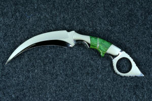 "Raptor" fine handmade custom karambit knife, reverse side view in T3 deep cryogenically treated ATS-34 high molybdenum martensitic stainless steel blade, 304 stainless steel bolsters, Budstone (Verdite) gemstone  handle