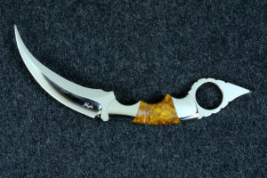 "Raptor" fine handmade custom karambit knife, double edged, maker's mark highlight, in ATS-34 stainless steel, 304 stainless steel bolsters, and Polvadera Jasper gemstone handle