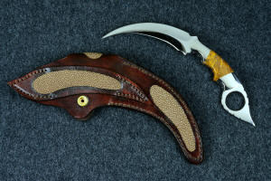 "Raptor" fine handmade custom karambit knife, reverse side view in T3 deep cryogenically treated ATS-34 high molybdenum martensitic stainless steel blade, 304 stainless steel bolsters, Polvadera Agate-Jasper gemstone  handle, leather sheath inlaid with tan rayskin
