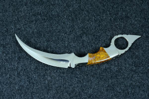 "Raptor" fine handmade custom karambit knife, obverse side view in T3 deep cryogenically treated ATS-34 high molybdenum martensitic stainless steel blade, 304 stainless steel bolsters, Polvadera Agate-Jasper gemstone  handle