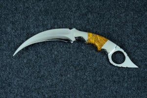 "Raptor" fine handmade custom karambit knife, reverse side view in T3 deep cryogenically treated ATS-34 high molybdenum martensitic stainless steel blade, 304 stainless steel bolsters, Polvadera Agate-Jasper gemstone  handle