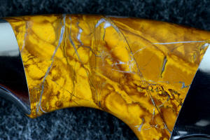 "Raptor" fine handmade custom karambit knife, 6X enlargement of Polvadera jasper-agate gemstone handle