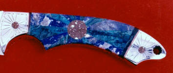 Peruvian Lapis, Chrysocolla, Copper ore gemstone mosaic on handmade custom knife handle