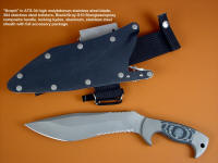 "Kneph" obverse side view in ATS-34 high molybdenum stainless steel blade, 304 stainles steel bolsters, Black and gray G10 fiberglass epoxy composite handle, locking kydex, aluminum, stainles steel sheath with full accessory package