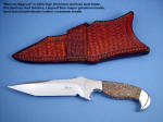 "Mercury Magnum" obverse side view: 440C stainless steel blade, 304 stainless steel bolsters, Red Leopard Skin Jasper gemstone handle, basket weave crossdraw leather sheath