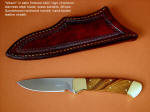 "Mirach" obverse side view in satin finished 440C high chromium stainless steel blade, brass bolsters, African Sandalwood hardwood handle, hand-tooled leather sheath