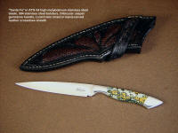 "Santa Fe" obverse side view in 440C high chromium stainless steel blade, 304 stainless steel bolsters, orbicular jasper gemstone handle, lizard skin inlaid in hand-carved leather sheath