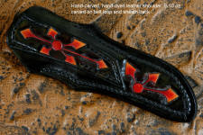 "Azuma" fine custom knife obverse side view in 440C high chromium stainless steel blade, hand-engraved 304 stainless steel bolsters, Red River Jasper gemstone handle, hand-carved, hand-dyed leather sheath